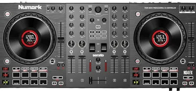 A top-down view of a Numark NS4FX DJ controller.
