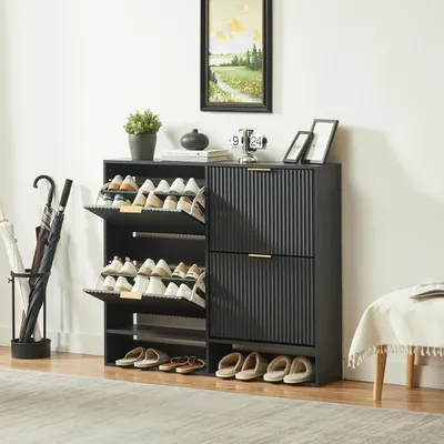 Produktbild von Schuhschrank mit Nutfront, höhenverstellbar, schwarz, 120x24 cm, Kippschutz, Dekotisch, Flur