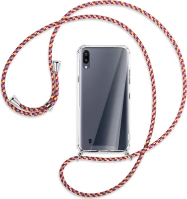 Produktbild von Handykette Backcover-Schutzhülle mit Band (Metall silberfarben) für Samsung Galaxy A10 - weinrot/gelb/grau
