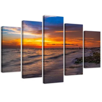 Immagine prodotto di Quadro in tela in 5 parti Tramonto sulla spiaggia 100x70 cm Feeby arancione quadro pronto da appendere