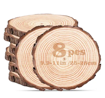 Produktbild von 8 Stück Holzscheiben 25-28 cm Durchmesser, Runde Baumscheiben aus Naturkiefer (1,5cm Dicke) ohne Loch – Groß für Tischdeko, Hochzeit, DIY Basteln