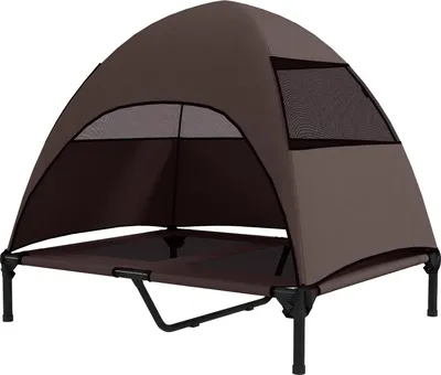 Produktbild von Hundeliege Outdoor mit Dach, Erhöhtes Hundebett für Große Hunde, Kühlendes Haustierliege mit Waschbares Mesh Metallrahmen Tragtasche, Haustierbett für Draußen Camping 91x76x90cm, Kaffee |