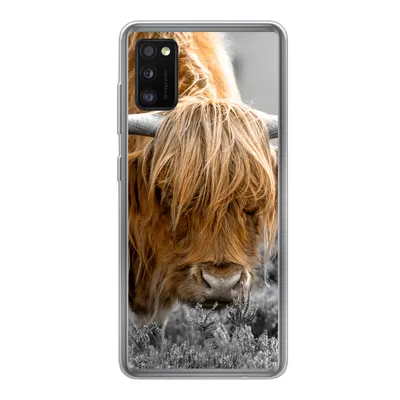 Produktbild von MuchoWow® Handyhülle Schutzhülle Hülle für Samsung Galaxy A41 Scottish Highlander - Pflanzen - Schwarz - Weiß Silikon Softcase Handy Hülle - Mobiltelefon