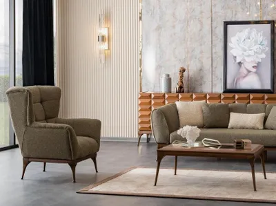Productafbeelding van Chesterfield fauteuil met salontafel, orenfauteuil, gestoffeerde fauteuil, woonkamer