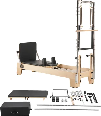 Obrázek produktu pro SucceBuy Pilates reformer ze dřeva pro domácí trénink, posilovací zařízení s dvojitým odporem, včetně reformer boxu a trampolíny, vhodné pro začátečníky i pokročilé uživatele, nosnost až 181,44 kg