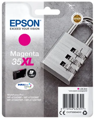 Zdjęcie produktu dla Epson Padlock C13T35934010, Wysoka (XL) wydajność, Purpurowy, Tusz na bazie pigmentu, 20,3 ml, 1 szt., 1900 stron(y)