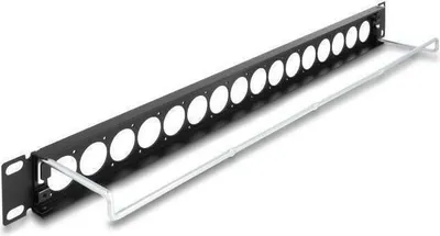 Produktbild von Delock 19 Zoll D-Typ Patchpanel mit Entlastungsschiene 16 Port 1 HE schwarz
