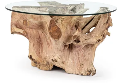 Produktbild von Beistelltisch Rosalind Ø80x45cm Gestell aus Teakwurzel transparente Glasplatte