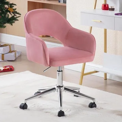 Productafbeelding van Famanu bureaustoel, in hoogte verstelbaar, draaibaar met wielen, bekleed met fluweel, metalen frame, roze