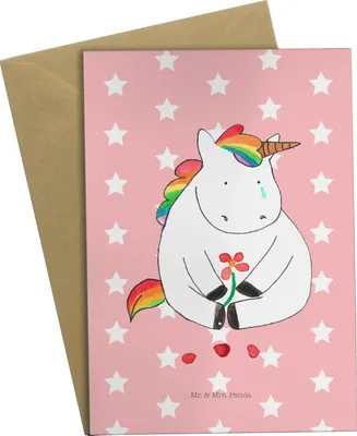 Produktbild von Mr. & Mrs. Panda Grußkarte Einhorn Traurig - Rot Pastell - Geschenk, einladungskarten, Trauer, Einhörner, weihnachtskarten, genesungskarte, Unicorn, Grußkarten, Blume