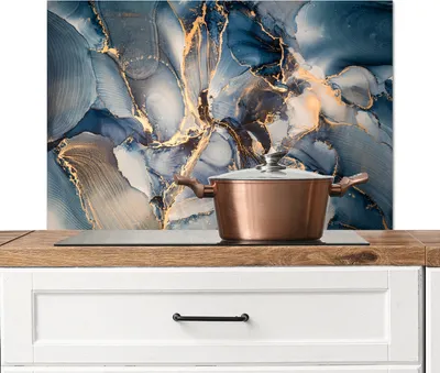Produktbild von KitchenYeah®  Spritzschutz Küche - Küchenrückwand - Wandschutz für Herd und Spüle - Marmor - Grau - Blau - Luxus - Gold 80x55 - Alu-Dibond (Alternative zum Spritzschutz aus Glas) - Hitzebeständig - He