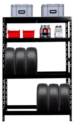 Produktbild von Reifenregal Tiger | HxBxT 180x120x40 cm | bis zu 12 Reifen auf 2 Ebenen + 2 Ablagen | Schwarz | Werkstattregal, Lagerregal, Kellerregal