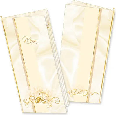 Produktbild von Menükarten Hochzeit PERLMUTT (16 Stück) - hinreissendes Set mit Klappkarten, Einlegeblätter zum Selbstbedrucken + Goldbänder