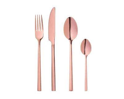 A set of rose gold cutlery, including a fork, knife, and two spoons, is arranged on a white background.
