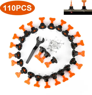 Immagine prodotto di Sistema di livellamento per piastrelle, 110 pezzi sistema di livellamento per piastrelle pavimento parete clip in plastica distanziatore regolabile pinza di livello cuneo strumento manuale riutilizzabile kit