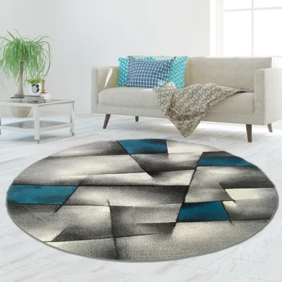 Produktbild von Designer Teppich mit Konturenschnitt Karo Muster Türkis Grau Weiß Schwarz Größe - 200 cm Rund