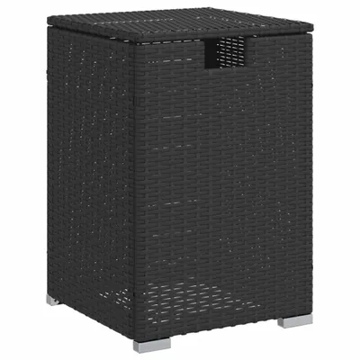 A black poly rattan storage box with a lid, shown from the front.