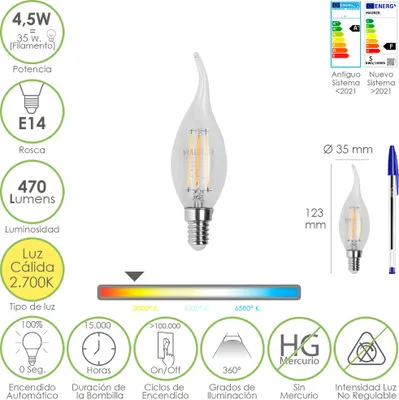 Immagine prodotto di Lampadina LED con fiamma di candela, E14. 4,5 watt. Equivalente a 35 watt. 470 lumen. Luce calda 2700º K.