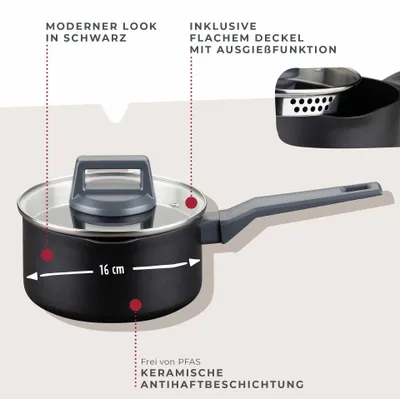 Obrázok produktu pre Fackelmann hrniec 16 cm s rukoväťou, model Statement. Hrniec s keramickým povrchom. Materiál: hliník, nepriľnavý povrch, odolný voči teplu. Súčasťou je sklenená pokrievka