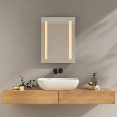 Produktbild von EMKE Badspiegel mit LED Beleuschtung Kaltweißes und warmes Licht, Badezimmerspiegel Anti-Beschlag Funktion Tastenschalter Wandspiegel