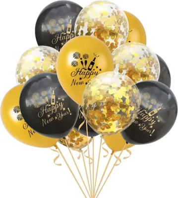 Produktbild von Oblique Unique Konfetti Luftballon Set Happy New Year Silvester Neujahr 15 Stk. gold schwarz