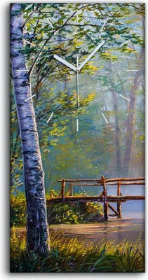 Produktbild von Wanduhr Uhr Wandbild Leinwand 30x60 Malerei Wald Bäume Fluss Brücke Natur - weiße Hände