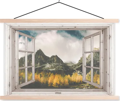 Produktbild von MuchoWow® Textilposter Aussicht - Berg - Herbst 120x80 cm mit holzfarbenen Rahmen - Aufhängeset