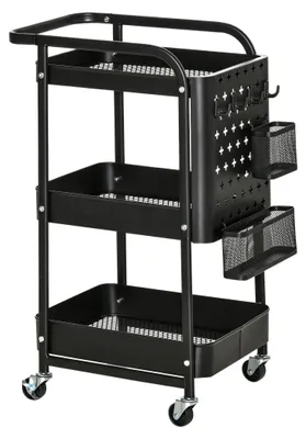 Image de HOMCOM Desserte chariot de rangement pour bureau en métal chariot de service à roulettes 3 niveaux avec 2 range-couverts 4 crochets dim.51,5L x 32l x 75,6H cm - noir