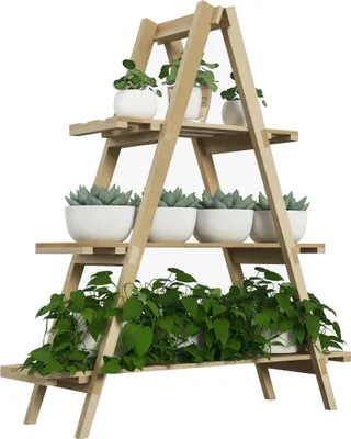 Image de Support pliable pour plantes - Étagère à 3 niveaux pour pots de fleurs - Bois de sapin - Structure en A - 100 x 36 x 112 cm - Naturel