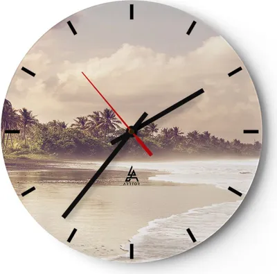 Produktbild von Wanduhr - Rund - Glasuhr - Palmen Strand Wasser - 40x40cm - Schleichendes Uhrwerk - Lautlos - zum Aufhängen bereit - Dekoration Modern - Wanddekoration aus Glas - C3AR40x40-4917