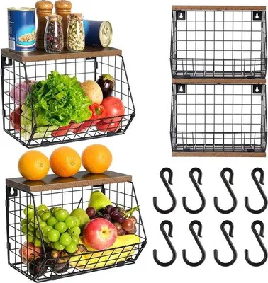 Produktbild von Hängende Holzfassung in Schwarz, 2 Etagen, 30 x 16 x 21 cm - Holzdeckel und Haken - Edelstahl-Küchenregal - Stapelbarer Obstspeicher - Hängende Obstschale