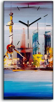 Produktbild von Wanduhr Bürouhr Leinwand Bild 30x60 Malerei Abstrakte Stadt Gebäude See Kunst - schwarze Hände