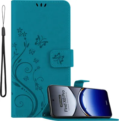 Image de Housse Cadorabo pour Oppo Find X8 Pro Housse en FLORAL BLEU Housse de protection au design floral avec fermeture magnétique, fonction de support et pochettes pour cartes Book Case Cover
