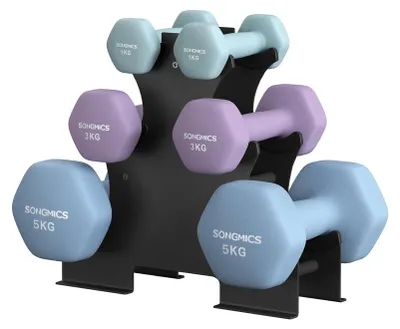Immagine prodotto di Manubri con supporto | Colore blu oceano, viola reale, blu chiaro | 13,5 x 6,5 x 6 / 20 x 9 x 8,5 / 21 x 10,5 x 9,5 cm