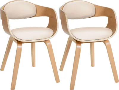 Two modern chairs with curved wooden frames and beige upholstered seats and backs.