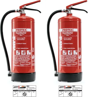Two red fire extinguishers are shown side-by-side against a white background.
