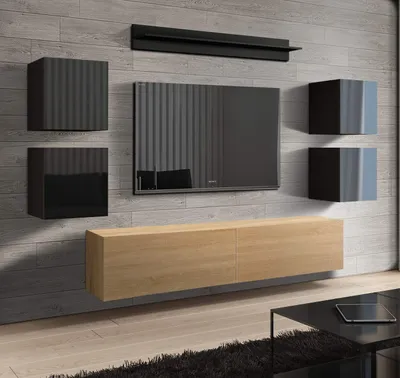 Produktbild von Furnitech Wohnwand Wohnzimmer | Hängend Wohnwand Modern | Wohnzimmer Schrankwand mit Regale und TV Schrank | Wohnzimmer Möbel ohne LED (Future C41/HGM/BD47 1A)