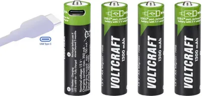 A USB-C charging cable and four rechargeable AA batteries are shown against a white background.