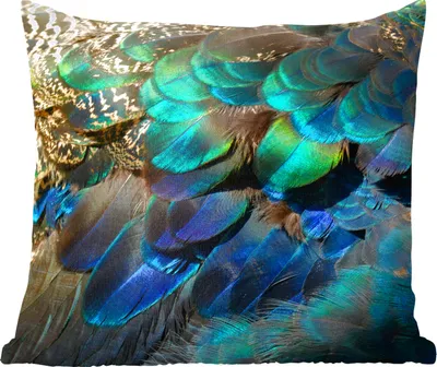 Produktbild von MuchoWow® Zierkissen Sofakissen Wohnzimmer Dekokissen 40x40 cm Federn - Pfauenfedern - Pfau - Blau - Kunst - Foto Kissen - Schlafzimmer Dekoration