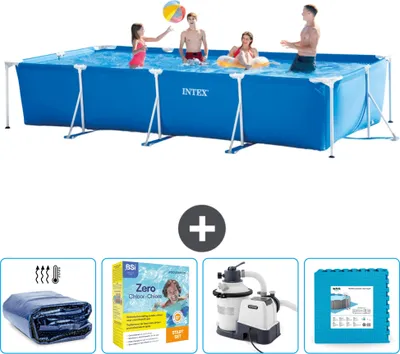 Produktbild von Intex-Schwimmbecken mit rechteckigem Rahmen – 450 x 220 x 84 cm – Blau – im Lieferumfang enthalten Sonnensegel - Wartungspaket - Filterpumpe für Schwimmbad - Bodenfliesen