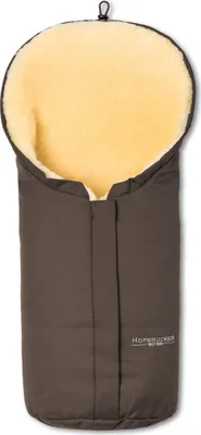 A brown baby footmuff with a yellow fluffy lining, shown from the top.