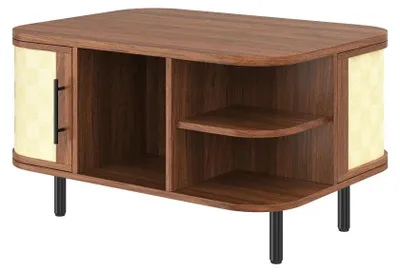 Obrázek produktu pro Konferenční stolek – Zakřivený design – 80 × 60 × 46,5 cm – Povrch s propleteným vzorem – Úložný prostor z MDF – Kovové úchytky a stabilní kovové nohy – Ořechové dřevo