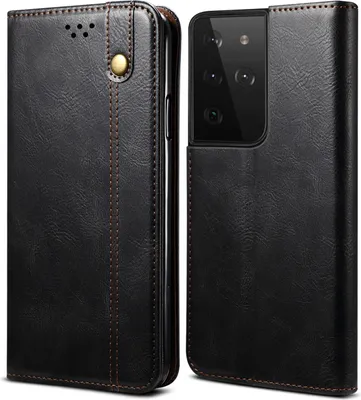 A black leather flip wallet case for a Samsung Galaxy S21 Ultra 5G.