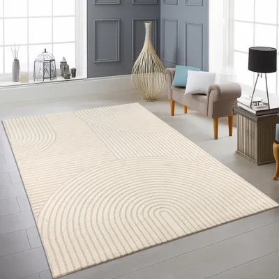 Produktbild von Teppich creme mit 3D-Linienmuster weich & elegant für Wohnzimmer Größe - 240 x 340 cm