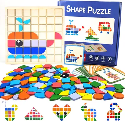 Produktbild von Delen Montessori-Spielzeug ab 3 Jahren – Holz-Mosaik-Steckspiel & Tangram für Kinder – Holz-Musterblöcke-Puzzle