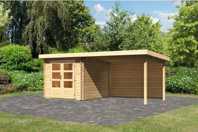 Produktbild von Gartenhaus Karibu Noorvik 4 inkl. Anbaudach 3 m, Rückwand 554 x 333 cm natur