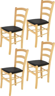 Produktbild von t m c s Tommychairs - 4er Set Stühle VENICE für Küche und Esszimmer, robuste Struktur aus lackiertem Buchenholz im Farbton Naturfarben und gepolsterte Sitzfläche mit KUNSTLEDER in der Farbe Schwarz bezogen