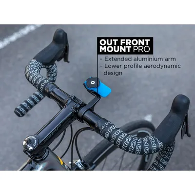 A close-up view of a bicycle's handlebars with a mounted accessory.