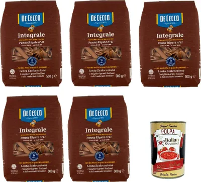 Produktbild von De Cecco Integrale Penne rigate N° 41, Pasta integrale, Vollkornnudeln, 5x 500g + Italian Gourmet polpa 400g
