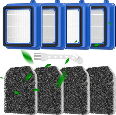 A set of vacuum cleaner filters and a cleaning brush are displayed against a white background.